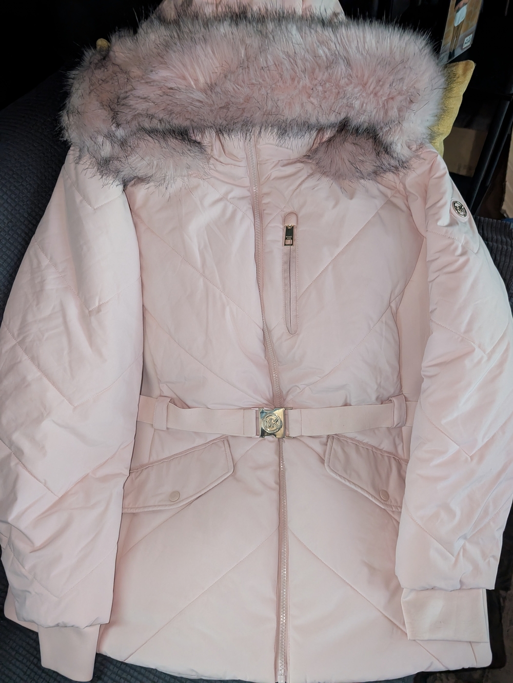 Michael Kors Women's Light Pink Puffer Jacket with Faux Fur Hood